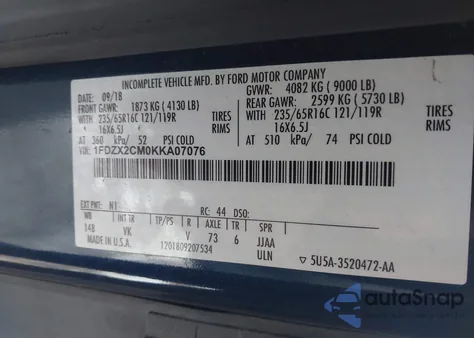 2019 Ford Transit-350 Xl z USA, uszkodzony, nr VIN 1FDZX2CM0KKA07076